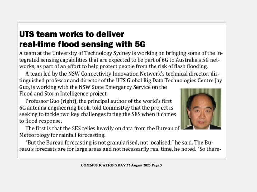 Screenshot of Communications Day article called UTS team works to deliver real-time flood sensing with 5G