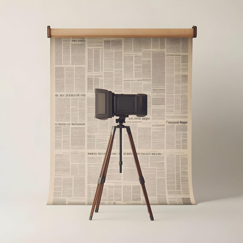A camera in from of a studio backdrop made from newspaper