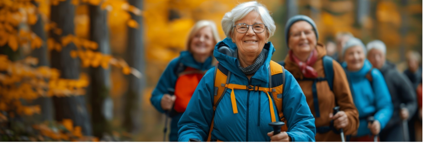 Elderly people hiking in the forest.