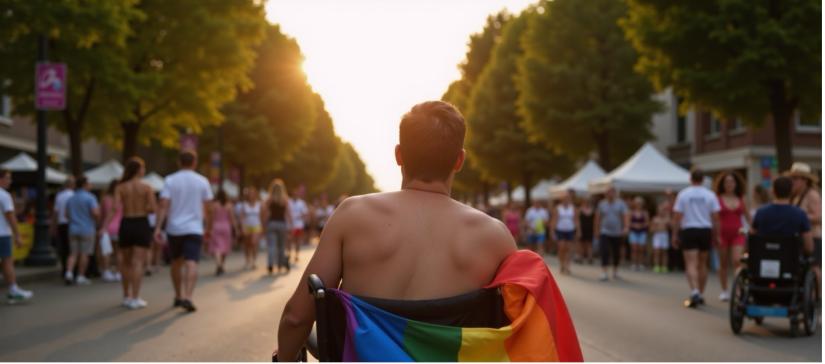 Person in a wheelchair with a rainbow flag draped over the handlebars.