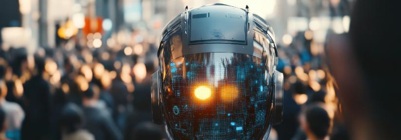 An advanced AI robot equipped with facial recognition capabilities stands at the forefront of a bustling urban crowd.