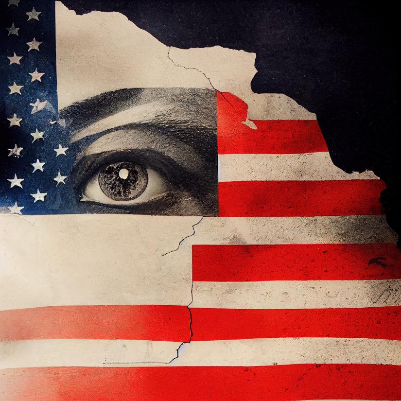 An illustration of a broken wall with the US flag superimposed and a single eye looking outward