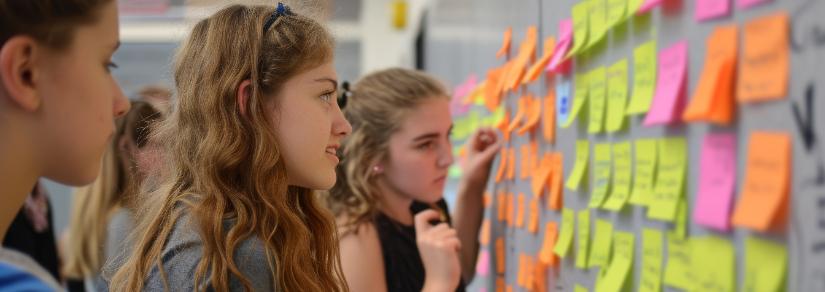 school students look at sticky notes on a wall. Adobe Stock