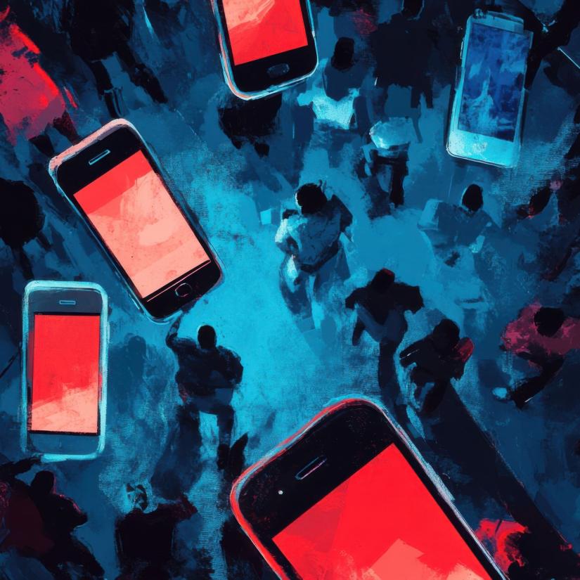 Bird eye's view of figures standing with phones hovering above