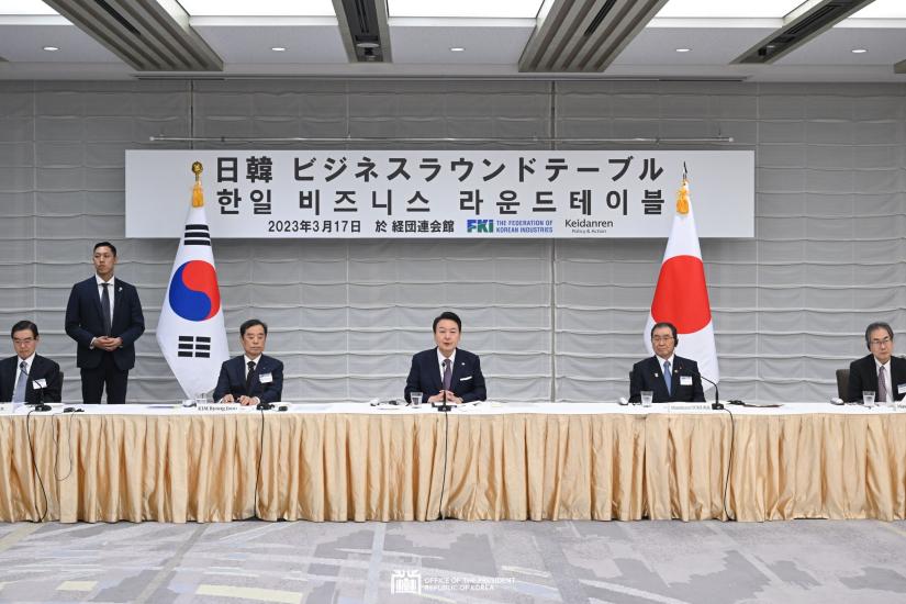 South Korean President Yoon Suk Yeol attends a Japan-Korea Business Roundtable meeting in Tokyo, Japan on March 17 2023 (Office of the President, Republic of Korea)