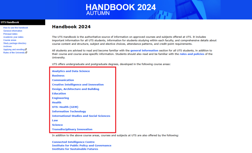 You can browse courses by course areas from the HandbookPre2025