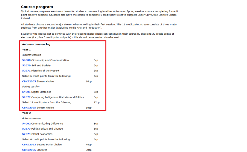 The recommended order of subjects for each course on the HandbookPre2025 is called the course program. This is a list of subjects organised by year and session into the indicative order in which students should enrol,