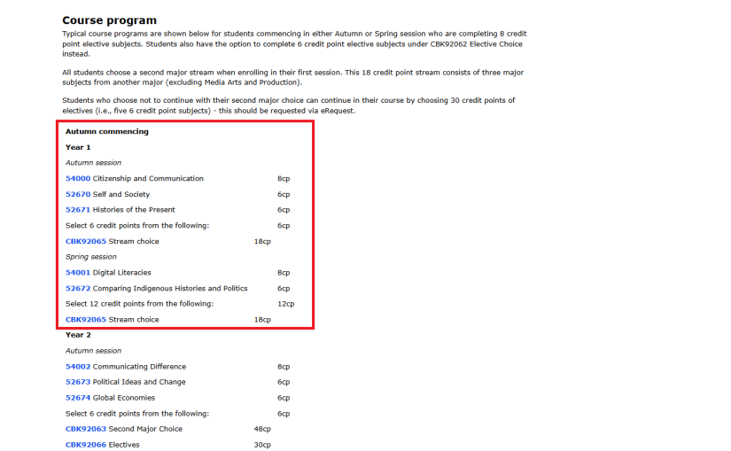 The recommended order of subjects for each course on the HandbookPre2025 is called the course program. This is a list of subjects organised by year and session into the indicative order in which students should enrol, 