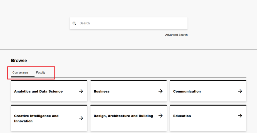 From the UTS handbook homepage, you can select to browse all courses by faculty or by course area under the Browse section