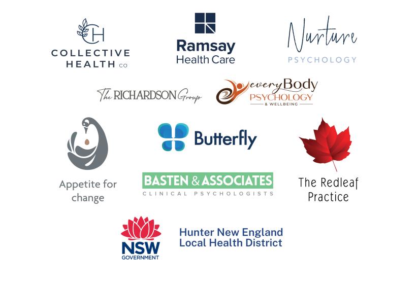 Logos: Appetite for change, Butterfly, Collective Health Co, Basten & Associates, everyBody Psychology & Wellbeing, Nurture Psychology, Ramsay Health Care, The Redleaf Practice, The Richardson Group, Hunter New England Local Health District