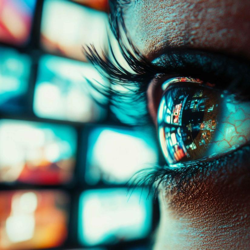 Macro of an eye, the reflection of screens cast on the iris