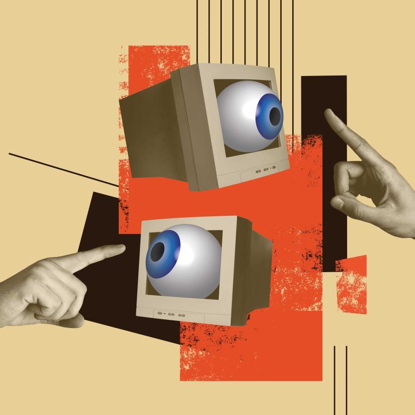 Hands gesture towards eyes that peer out from screens