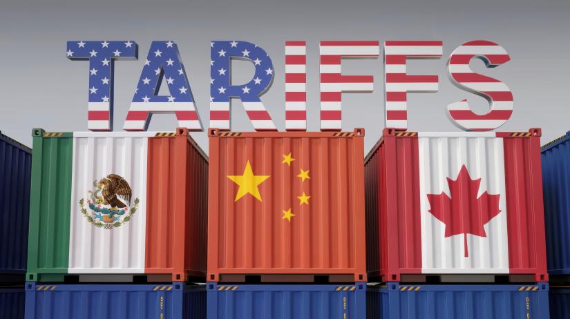 Tariffs with US flag and containers