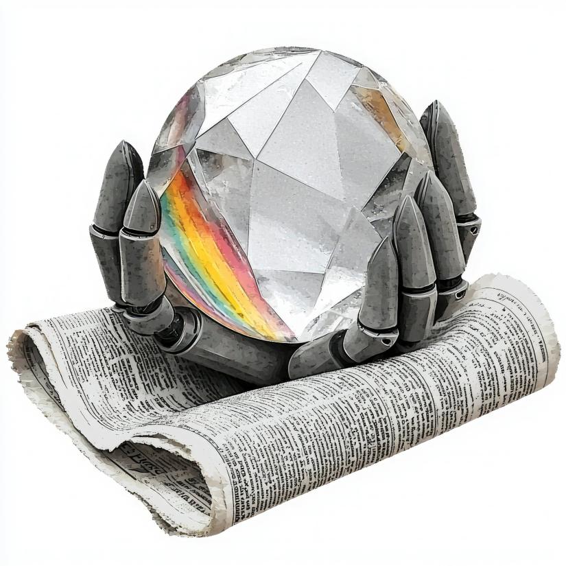 On a newspaper an AI hand holds a crystal ball