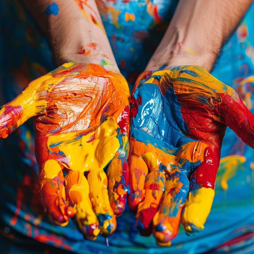 Hands extend out covred in a multitude of coloured paint