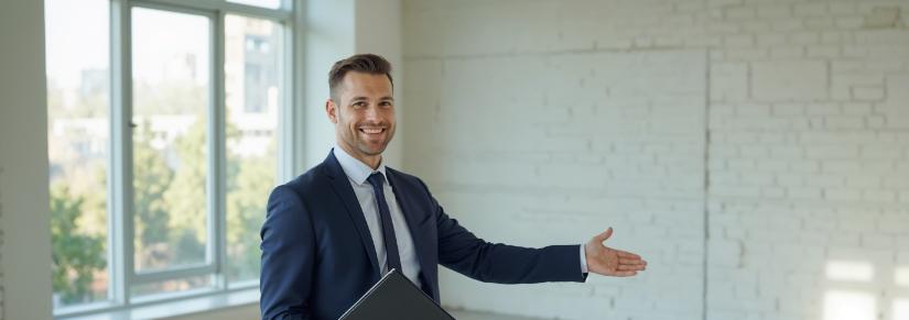 Real estate agent exhibits a spacious, empty office with large windows