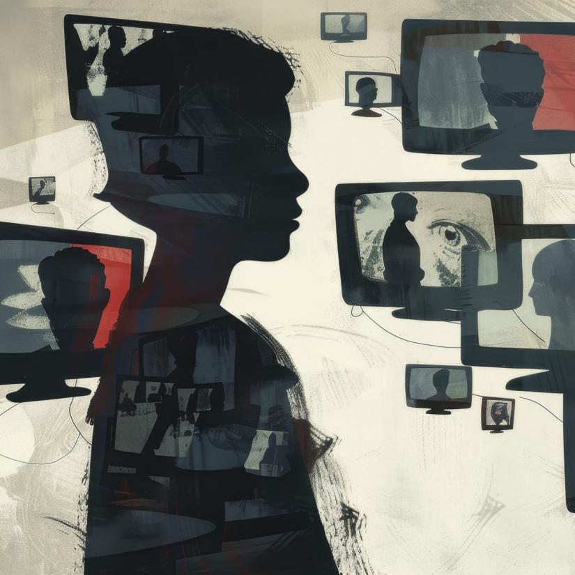 An monotone illustration of a silhouetted profile of a girl surrounded by floating screens