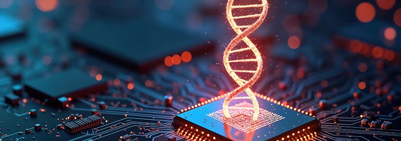 A glowing DNA double helix emerging from the centre of a microchip on a dark, futuristic circuit board, symbolising the integration of biotechnology and artificial intelligence in genetic research or personalised medicine.