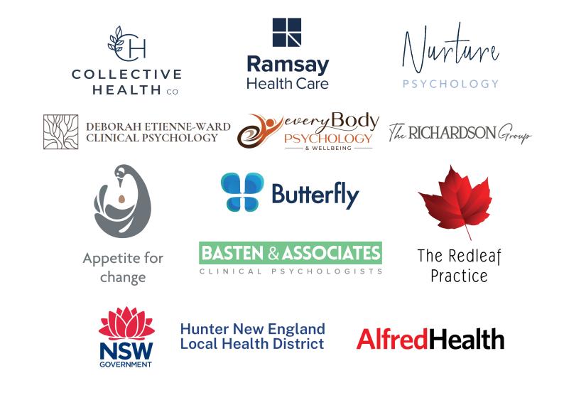 Logos: Appetite for change, Butterfly, Collective Health Co, Basten & Associates, Deborah Etienne-Ward Clinical Psychology, everyBody Psychology & Wellbeing, Nurture Psychology, Ramsay Health Care, The Redleaf Practice, The Richardson Group, Hunter New England Local Health District