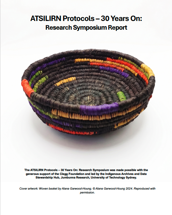 Colourful handwoven bowl, with the text: ATSILIRN Protocols – 30 Years On: Research Symposium Report