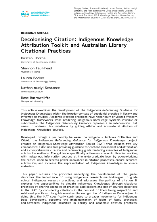 Report: Decolonising Citation: Indigenous Knowledge Attribution Toolkit and Australian Library Citational Practices