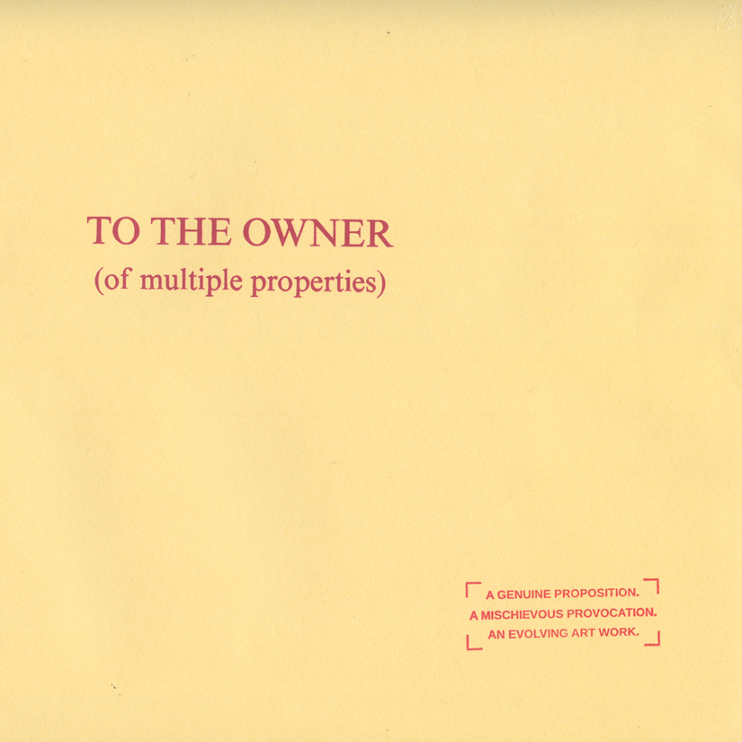 close-up of Alana Hunt's envelope in the ongoin artwork 'To the Owner (of multiple properties'