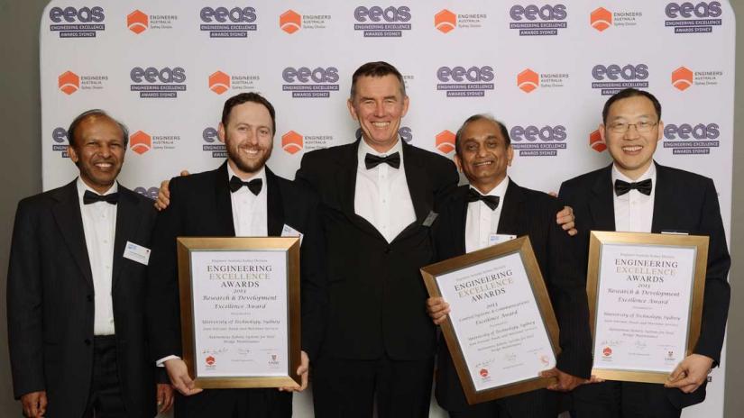 UTS researchers with their awards for the Sydney Harbour Bridge grit-blasting robot