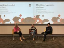 Leigh Sales being interviewed by two students
