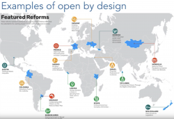 A map showing examples of open by design, highlighting countries such as France, Ukraine and New Zealand