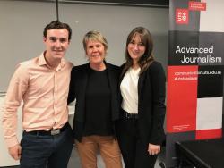 Fran Kelly posing with a male and female journalism student