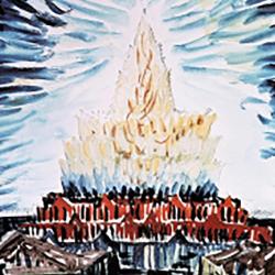 Vibrant colour painting, dark buildings, bright white lights against a blue sky