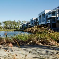 Buildings by lake