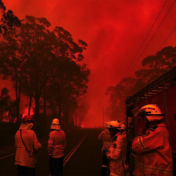 Firies in bush fire, dark red light