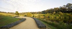 A dirt footpath next to a lake