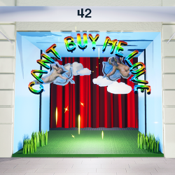 Can't buy me love in rainbow balloons with a theatrical backdrop