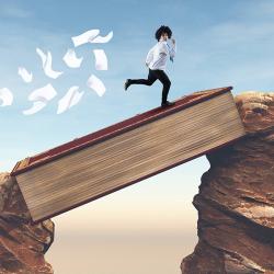 Boy running on a book acting as a bridge between two mountains. A trail of papers follow the boy