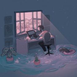 man sitting at desk in flooded room