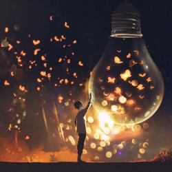 A boy holding hand to lamp filled with flittering lit butterflies