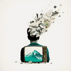 a person TV across torso w mountain view, discarded paper floating around head