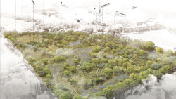 Artistic sketch of green spaces overlaid on an urban area.