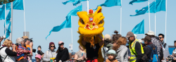 Chinese dancing lion dragon in crowd