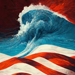 An illustration of a tidal wave of blue against red with red white stripes foregrounded
