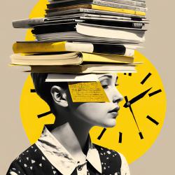 A woman's head with a stacked pile of books and clock