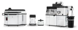 Four machines that make up the HP Jet Fusion 5200 system, including printer, build unit, and post processing station.
