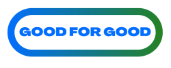 Good for Good in blue text, inside a green and white elongated circle