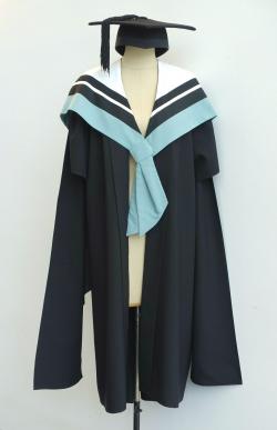 Black Master gown, eau de nil grey Master hood for Business and a black trencher