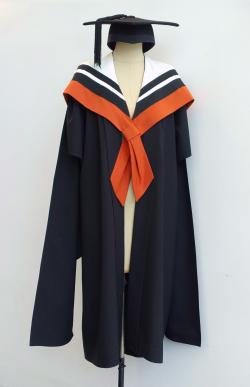 Black Master gown, uluru brown Master hood for Communication and a black trencher