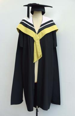 Black Master gown, chartreuse Master hood for Design, Arhitecture and Building and a black trencher