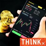 Podcast logo, pile of bitcoin and person holding phone showing trade chart