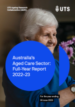 older lady smiling with purple flowers in background, and a large blue circle with title of the report inside in front.